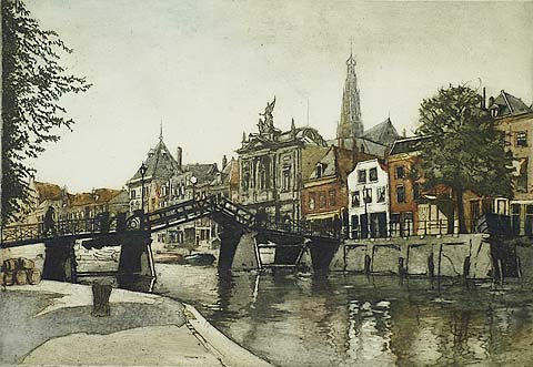 Haarlem, Spaarne - CEES BOLDING - etching and aquatint printed in colors