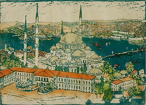 Suleymaniye Mosque, Istanbul - EMMA BORMANN - woodcut printed in color with added hand-coloring