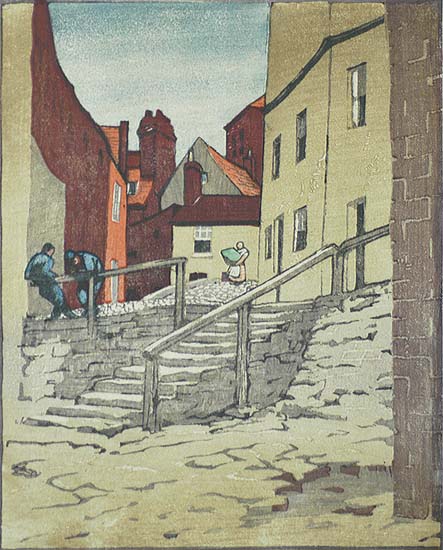 In Old Whitby - SYLVAN G. BOXIUS - woodcut (linocut?) printed in colors