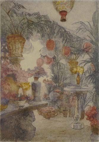 Garden Scene - GABRIELLE DE VAUX CLEMENTS - etching printed in colors a la poupee