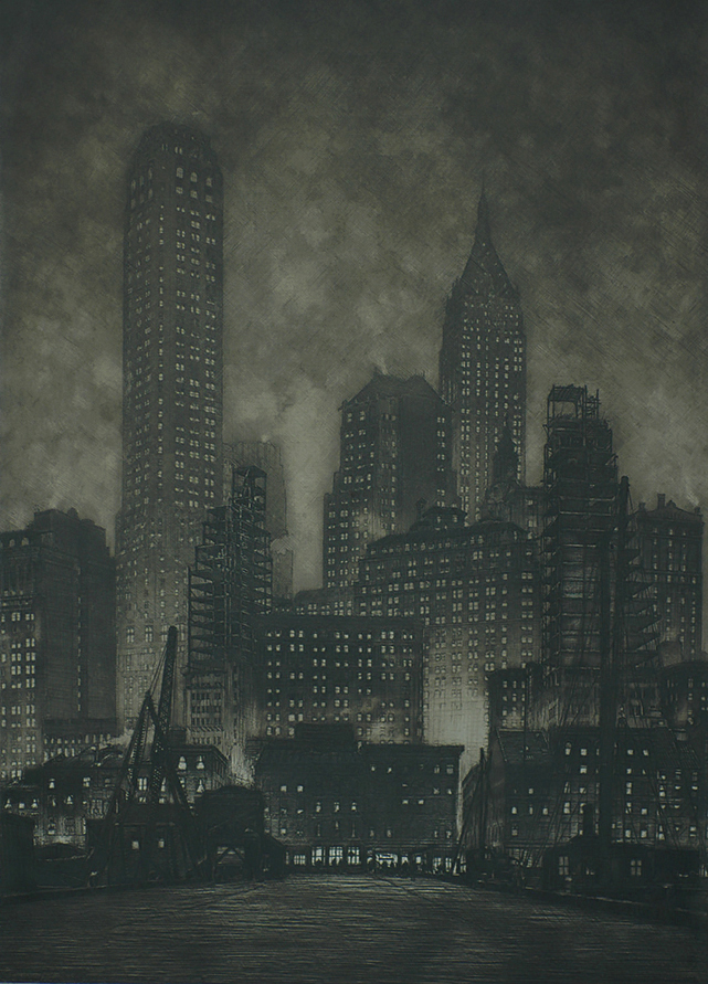 Manhattan Twilight - SAMUEL CHAMBERLAIN - etching with mezzotint