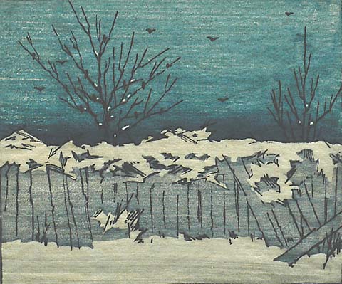 Fence in Winter - ELIZABETH COLWELL - woodcut printed in colors