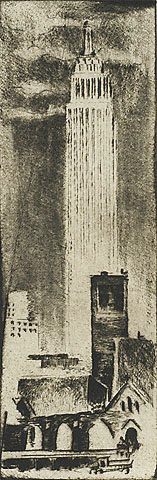 Empire State Building and Church Ruin - WERNER DREWES - drypoint and roulette
