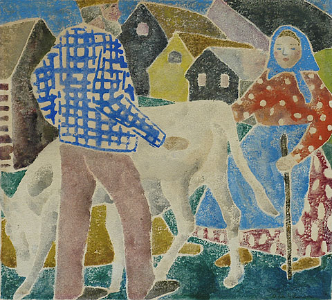 Provincetown Scene with Couple and Cow - ADA GILMORE (CHAFFEE) - white-line color woodcut