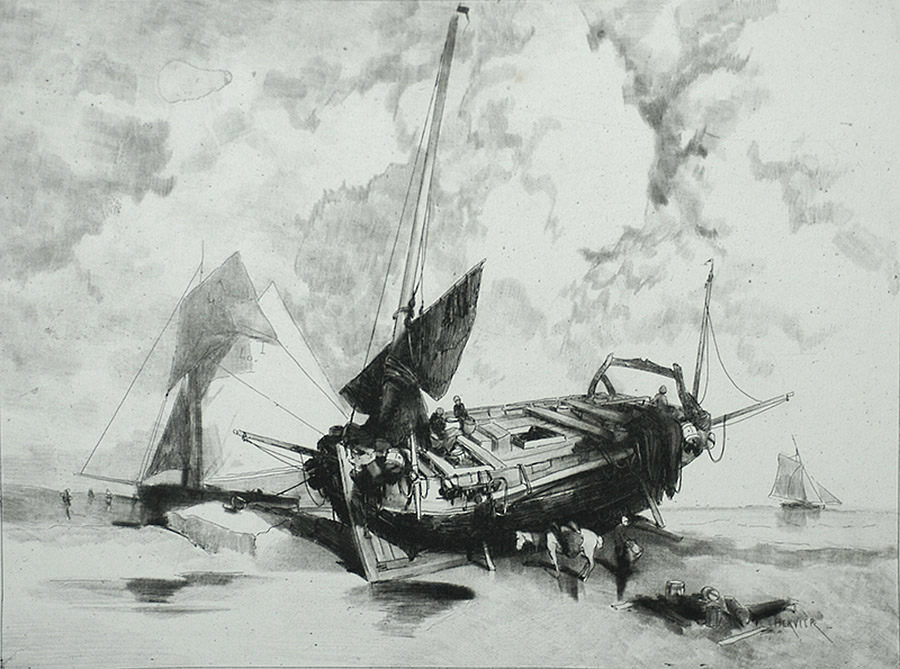 Une Barque à Marée Basse (A Boat at Low Tide) - ADOLPHE HERVIER - etching with roulette