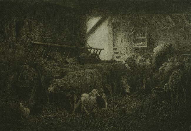 Inside the Sheepfold (horizonal view); Interieur de la Bergerie, en largeur) - CHARLES JACQUE - etching with roulete work