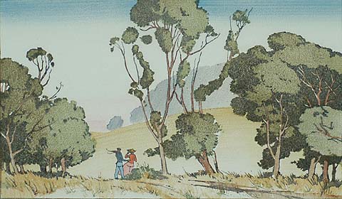 California Landscape with Two Figures - RICHMOND IRWIN KELSEY - woodcut printed in colors
