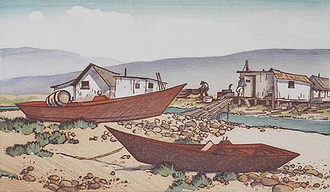 Shore Scene with Fishing Boats - RICHMOND IRWIN KELSEY - woodcut printed in colors