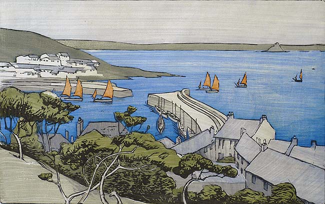 Coastal Harbor with Sailboats - ETHEL KIRKPATRICK - woodcut printed in colors