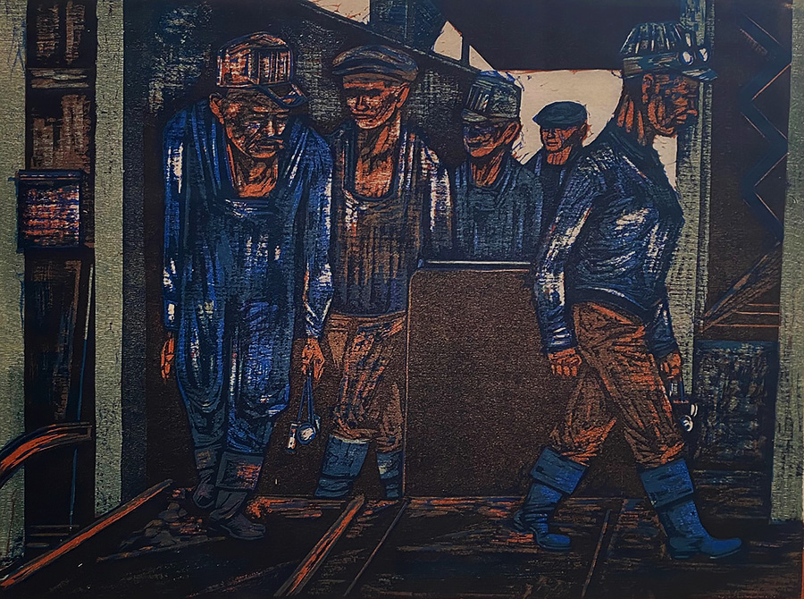 Miners - CHET LA MORE - woodcut printed in colors