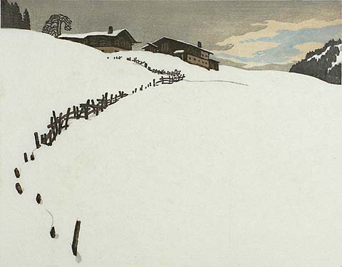 At the Brenner Pass - ENGLEBERT LAP - woodcut printed in colors on thin Japanese paper
