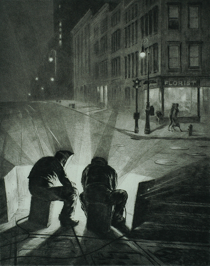 Arc Welders at Night - MARTIN LEWIS - drypoint and sand ground