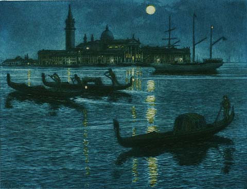 Venice at Night - FREDERICK MARRIOTT - etching and aquatint printed in colors