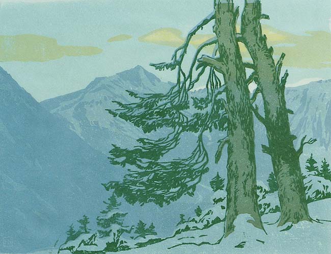 Alpine Mountain Scene - HANS NEUMANN - woodcut printed in colors