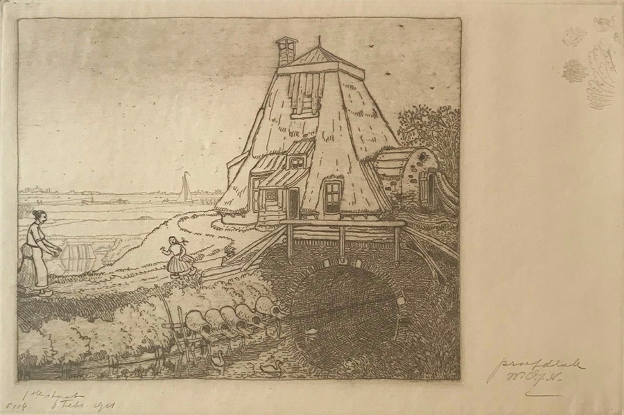 De Oude Watermolen, Gouda (The Old Watermill) - WOJ NIEUWENKAMP - etching