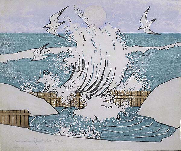 The Wave, Moonrise - BJO NORDFELDT - woodcut printed in colors
