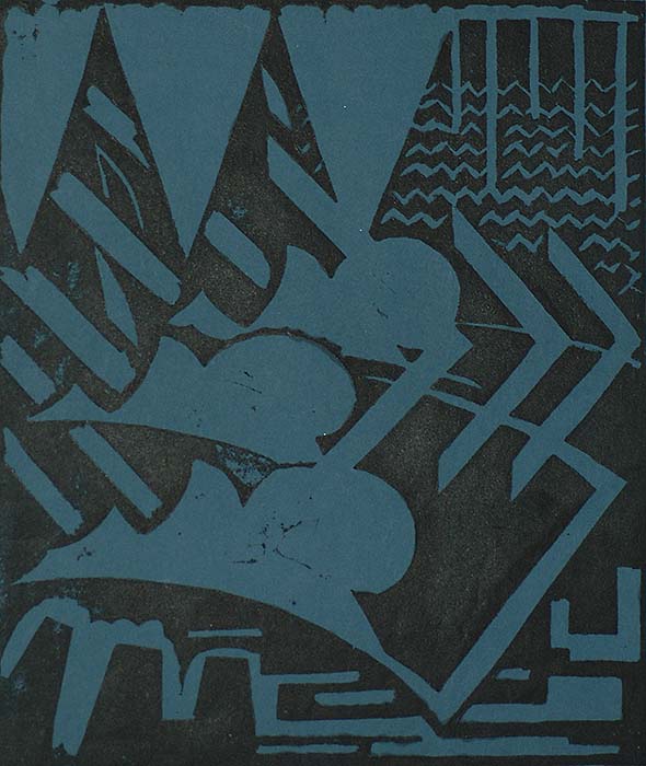 Geometric Abstraction - JOZEF PEETERS - linocut on blue paper