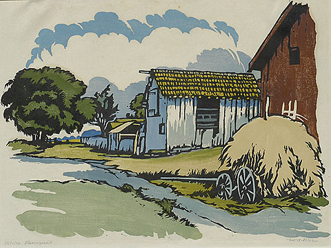 Alviso Farmyard - WILLIAM S. RICE - woodcut printed in colors