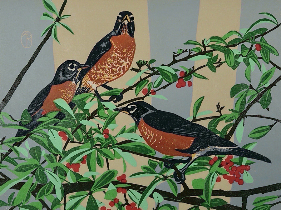 Robins - ANDREA RICH - woodcut printed in colors