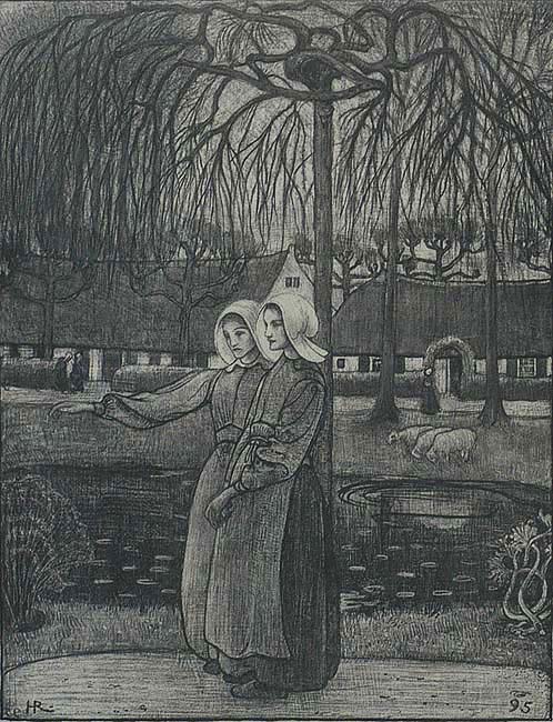 Two Huizen Women by a Pond (Huizer Meisjes bij een Vijver) - RICHARD ROLAND HOLST - lithograph