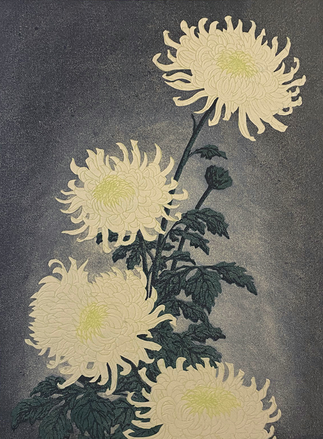 Chrysanthemums - CARL THIEMANN - woodcut printed in color with embossing