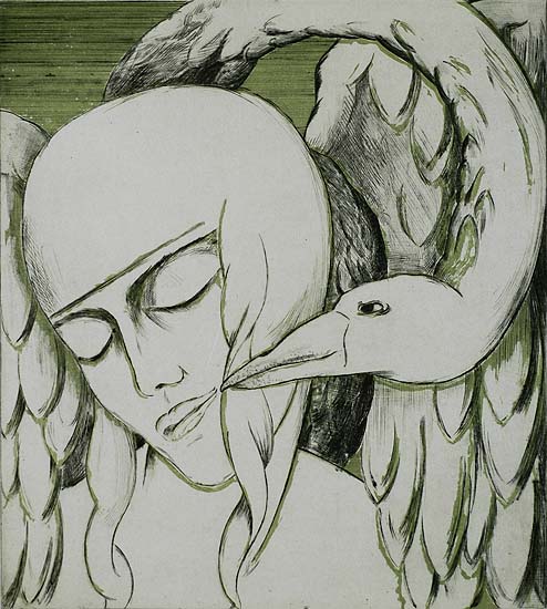 Leda and the Swan - EMILE-HENRI TIELEMANS - drypoint printed in color