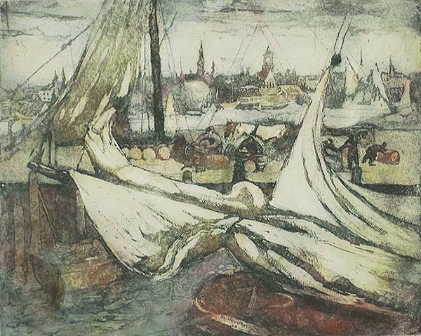 Gloucester Wharves (Massachusetts) - WILLIAM MEYEROWITZ - etching printed in colors