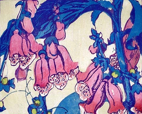Foxgloves - MABEL ROYDS - woodcut printed in colors