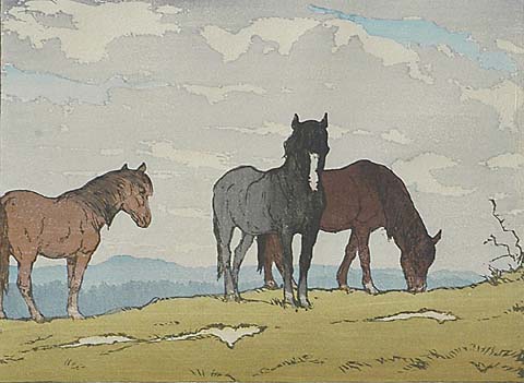 Horses on a Hillside - ALLEN W. SEABY - color woodcut