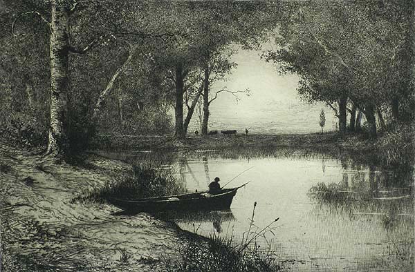 Pêcheur en Canot, Au Bord d'une Rivière (Fisherman in a Dinghy, at the Edge of a River) - ADOLPHE APPIAN - etching