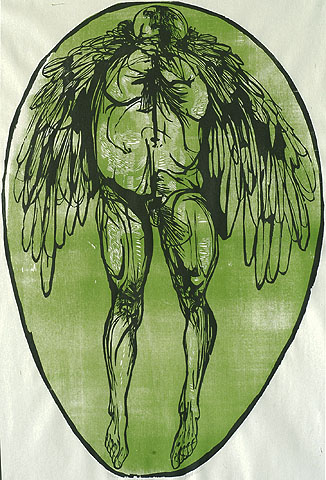 Icarus - LEONARD BASKIN - woodcut printed in black and green