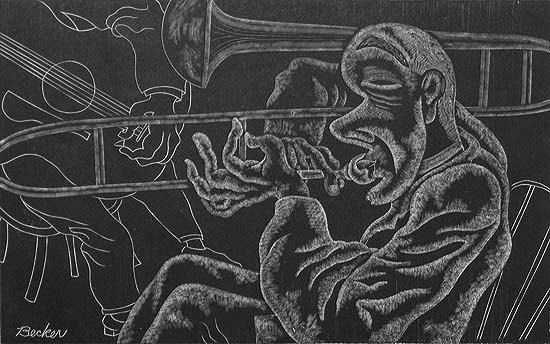 Trombone Player - FRED G. BECKER - wood engraving