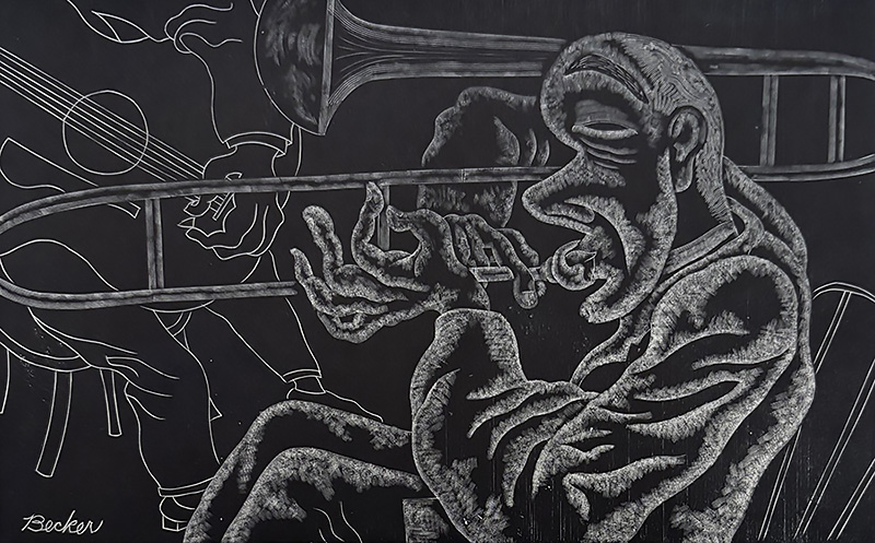 Trombone Player - FRED G. BECKER - wood engraving