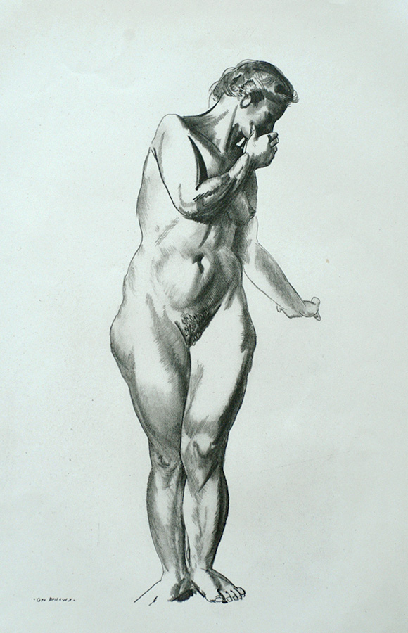 Nude Study, Girl Standing with Hand Raised to Mouth - GEORGE BELLOWS - lithograph