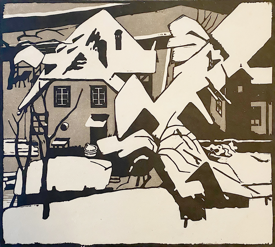 Houses in the Snow - JAN BOON - woodcut printed in colors