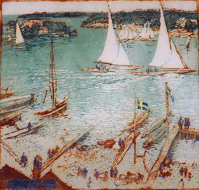 Sandhamn (Sweden) - EMMA BORMANN - woodcut printed in colors