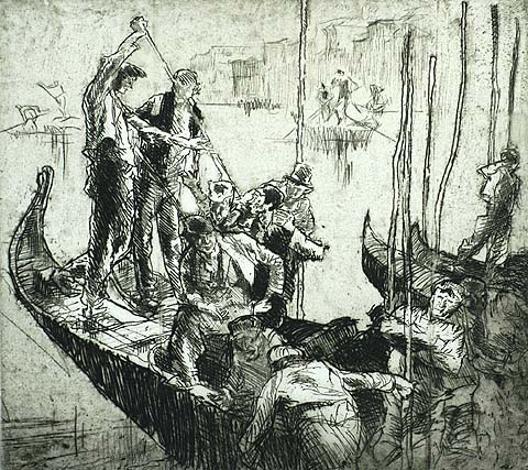 Boats, Venice - FRANK BRANGWYN - etching printed with plate tone