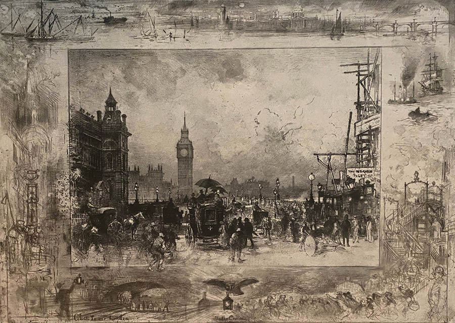 Westminster Bridge or Westminster Clock Tower - FELIX BUHOT - etching, drypoint, roulette and aquatint printed in two colors