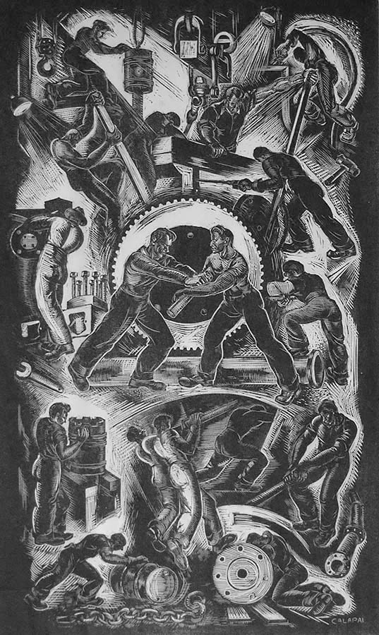 Labor in a Diesel Plant - LETTERIO CALAPAI - wood engraving