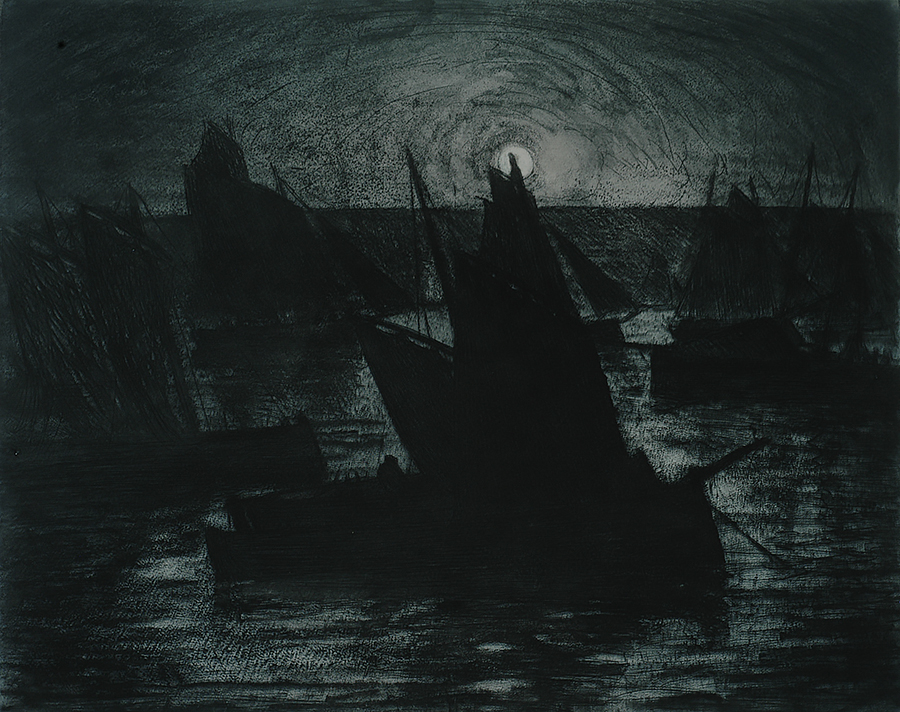 Fishing Boats, Setting Sun (Barques de pêche, soleil couchant) - CHARLES COTTET - etching, drypoint and roulette printed in dark blue