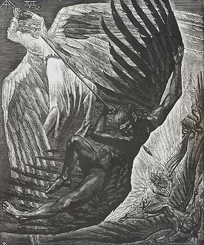 Book of Revelation, XII (7-12), War in Heaven - VICTOR DELHEZ - wood engraving