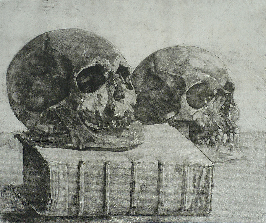 Two skulls and a Book (Memento Mori) - ANTOON  DERKZEN VAN ANGEREN - etching