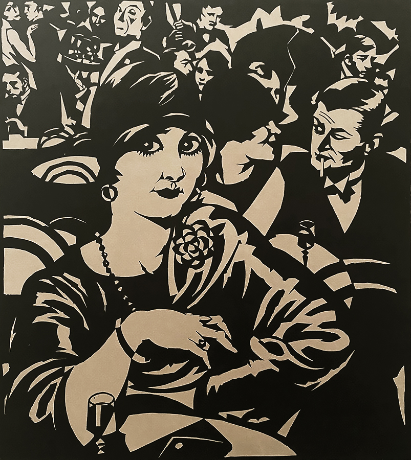 Cafe Scene - POL DOM - linoleum cut printed in black and light brown.