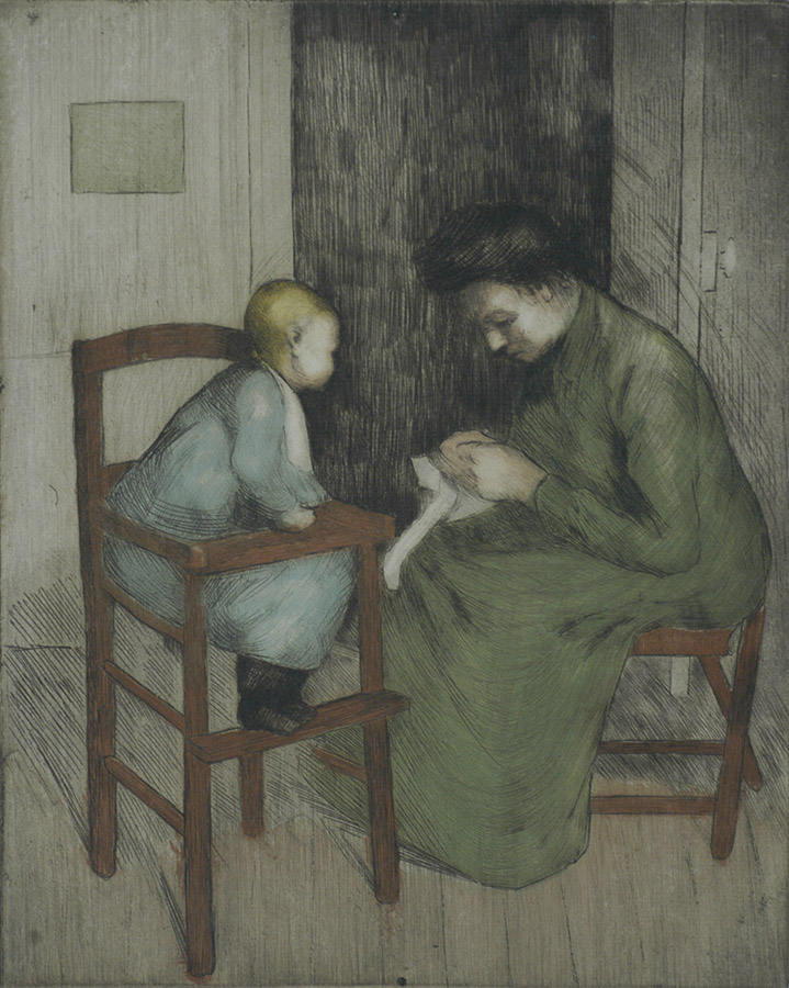 Interior Scene with Mother and Child - VICTOR DUPONT - etching printed in colors a la poupeé