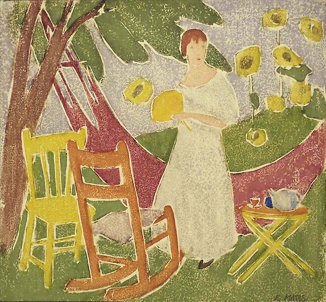Woman with A Fan and Sunflowers - ETHEL MARS - white-line color woodcut