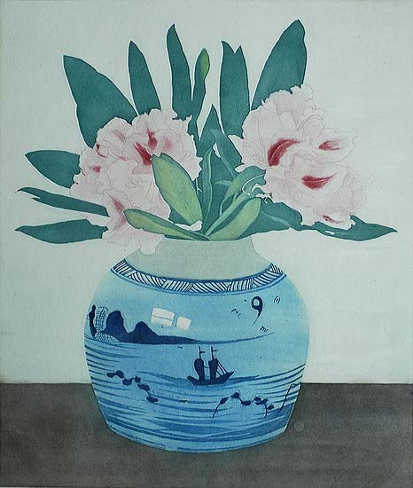 Rhododendrons in Gedecoreerde Gemperpot (Rhododendrons in a Decorated Ginger Jar) - FRANS EVERBAG - etching and aquatint printed in colors