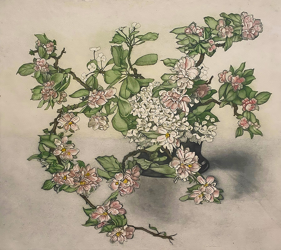 Apple and Pear Blossoms in a Black Vase (Appel en Perenbloesem in Zwarte Vaas) - FRANS EVERBAG - etching and aquatint printed in colors