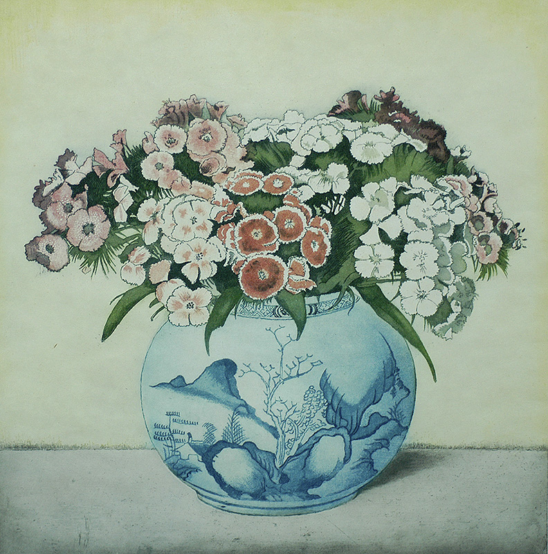 Sweet William in a Blue and White Chinese Pot - FRANS EVERBAG - etching and aquatint printed in colors