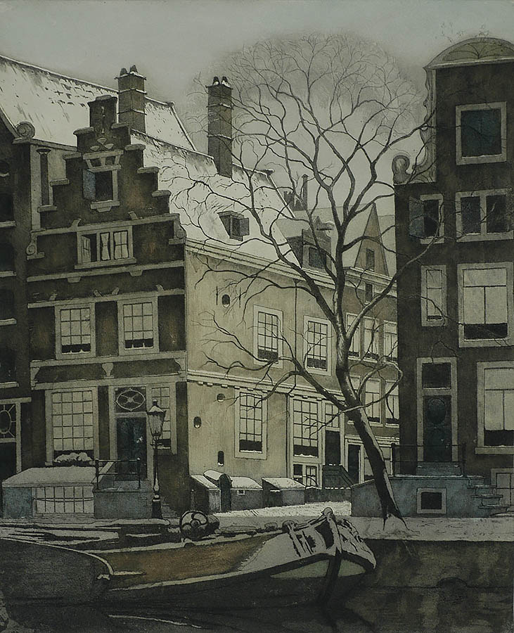 Pothuis met Sneeuw, Herengracht hoek Korsjespoortsteep te Amsterdam - FRANS EVERBAG - etching and aquatint printed in colors