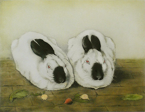 Two Rabbits - FRANS EVERBAG - etching and aquatint printed in colors